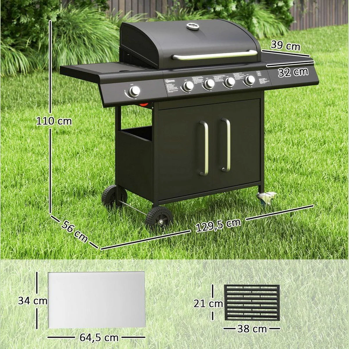 Outsunny Gasgrill mit 5 Brennern, 2394 cm² Grillfläche, integriertes Thermometer 3