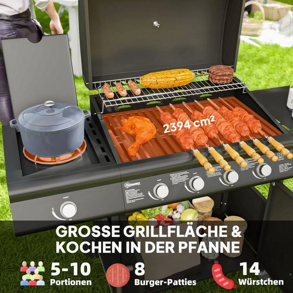 Outsunny Gasgrill mit 5 Brennern, 2394 cm² Grillfläche, integriertes Thermometer 4