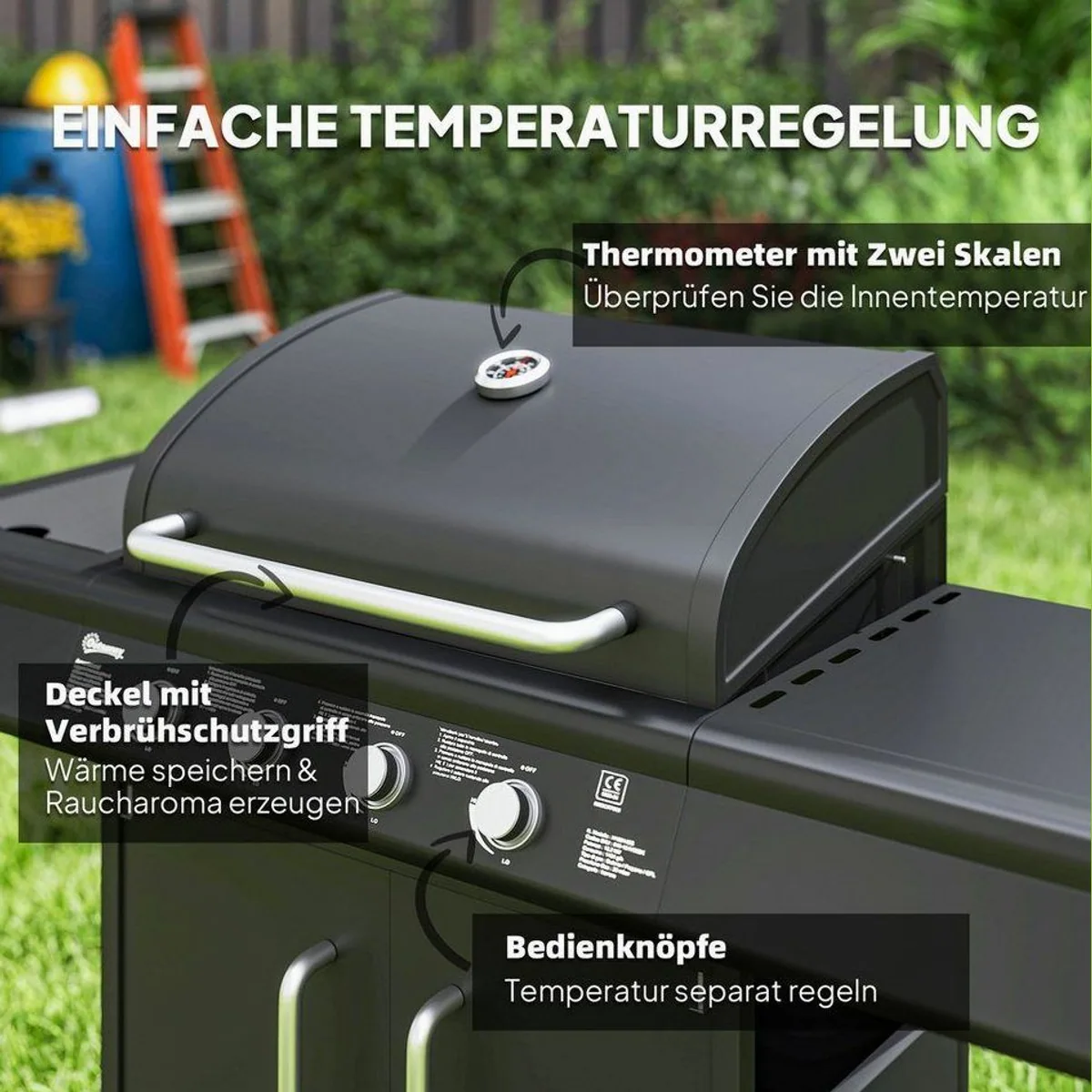 Outsunny Gasgrill mit 5 Brennern, 2394 cm² Grillfläche, integriertes Thermometer 5