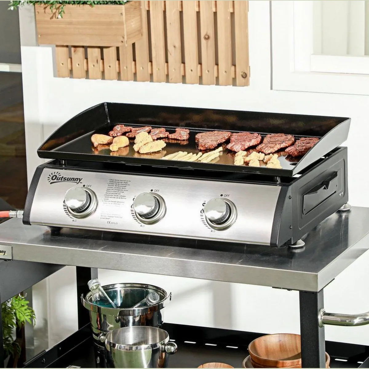 Outsunny Gasgrill, 3 Brenner, antihaftbeschichtete Platte, Deckel — ideal für Balkon und Garten