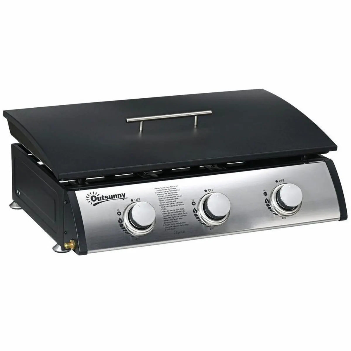 Outsunny Gasgrill, 3 Brenner, antihaftbeschichtete Platte, Deckel — ideal für Balkon und Garten 2
