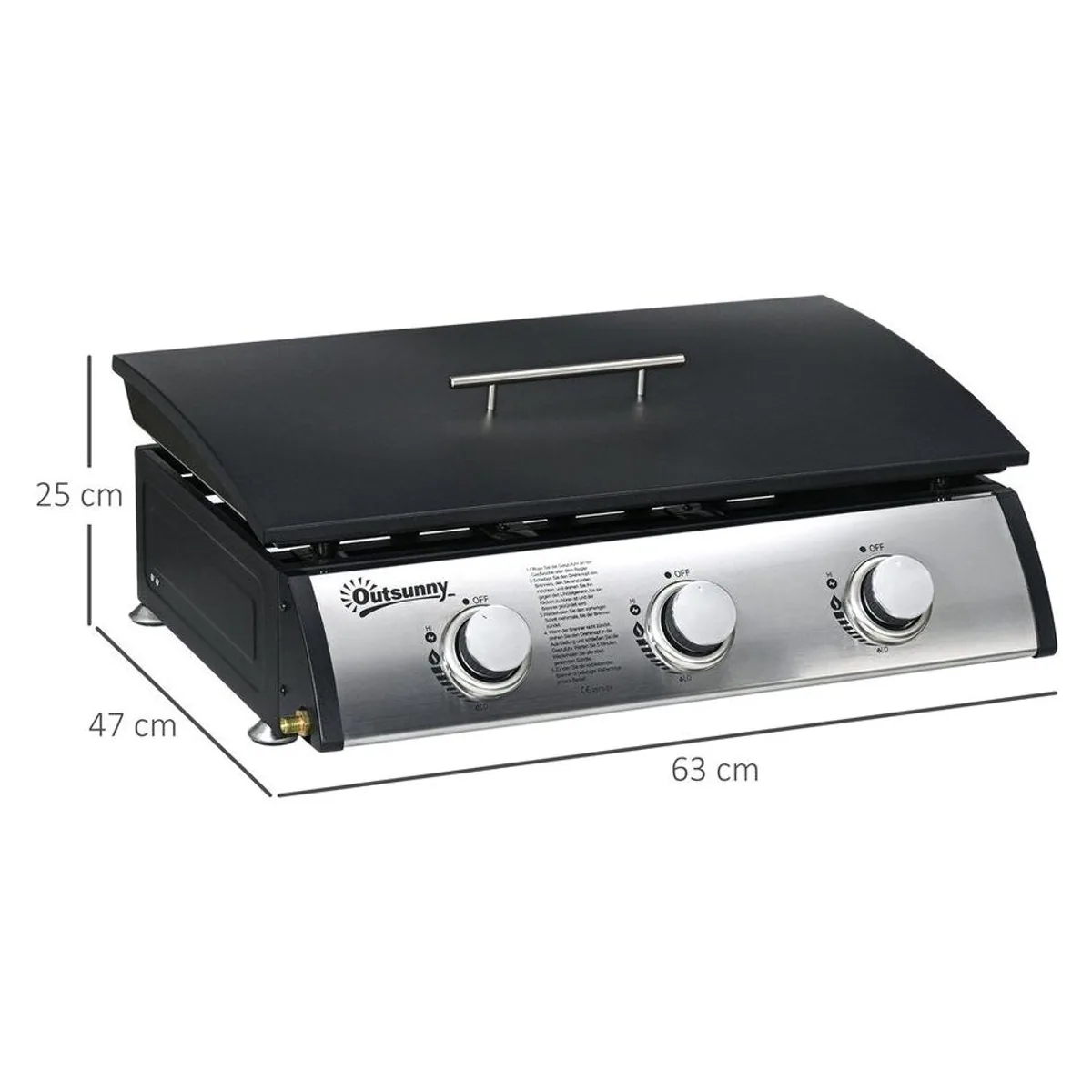 Outsunny Gasgrill, 3 Brenner, antihaftbeschichtete Platte, Deckel — ideal für Balkon und Garten 3