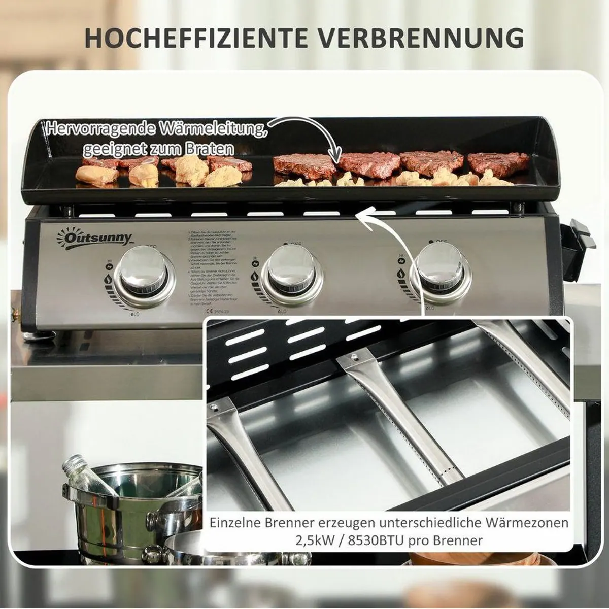 Outsunny Gasgrill, 3 Brenner, antihaftbeschichtete Platte, Deckel — ideal für Balkon und Garten 4