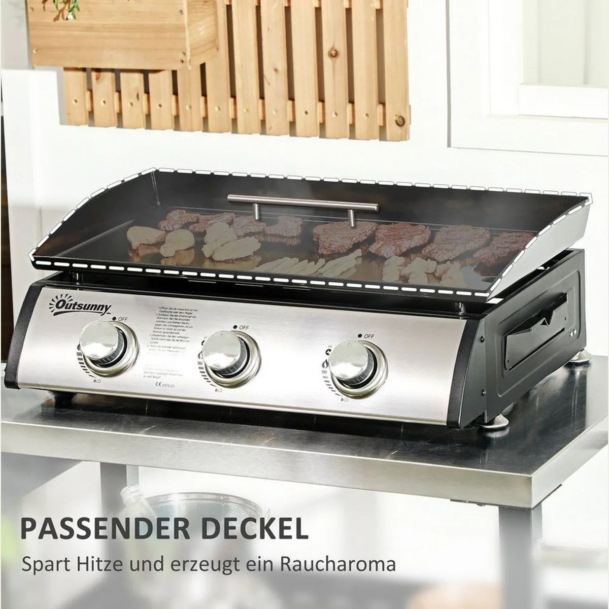 Outsunny Gasgrill, 3 Brenner, antihaftbeschichtete Platte, Deckel — ideal für Balkon und Garten 5