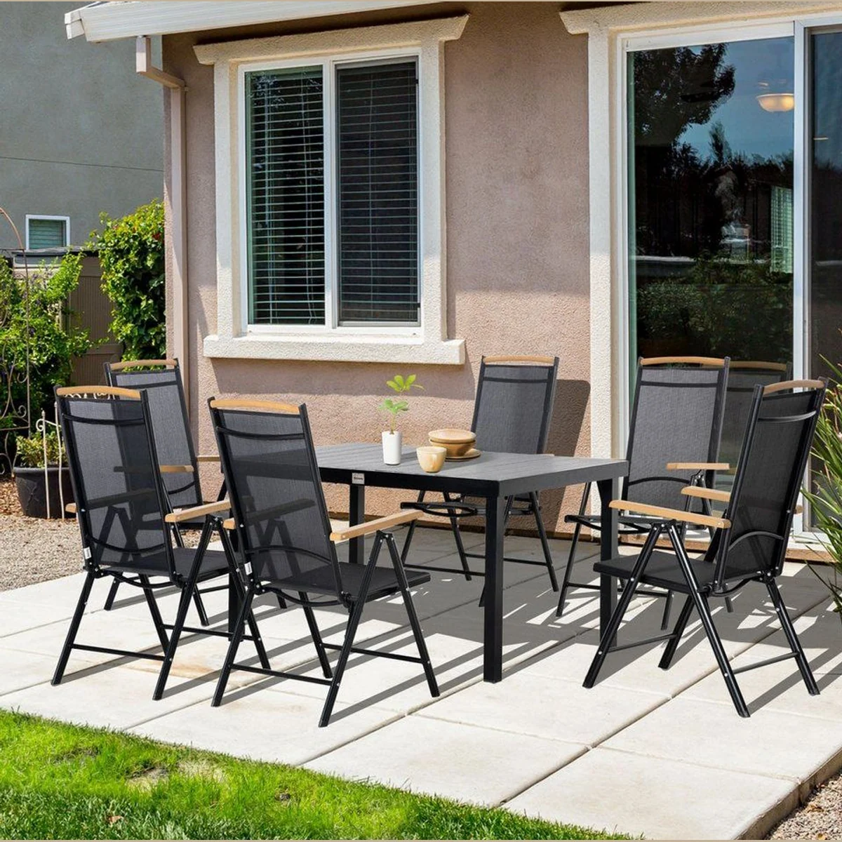 Outsunny Garten-Essgruppe 7tlg., klappbare Stühle und Tisch, Schwarz
