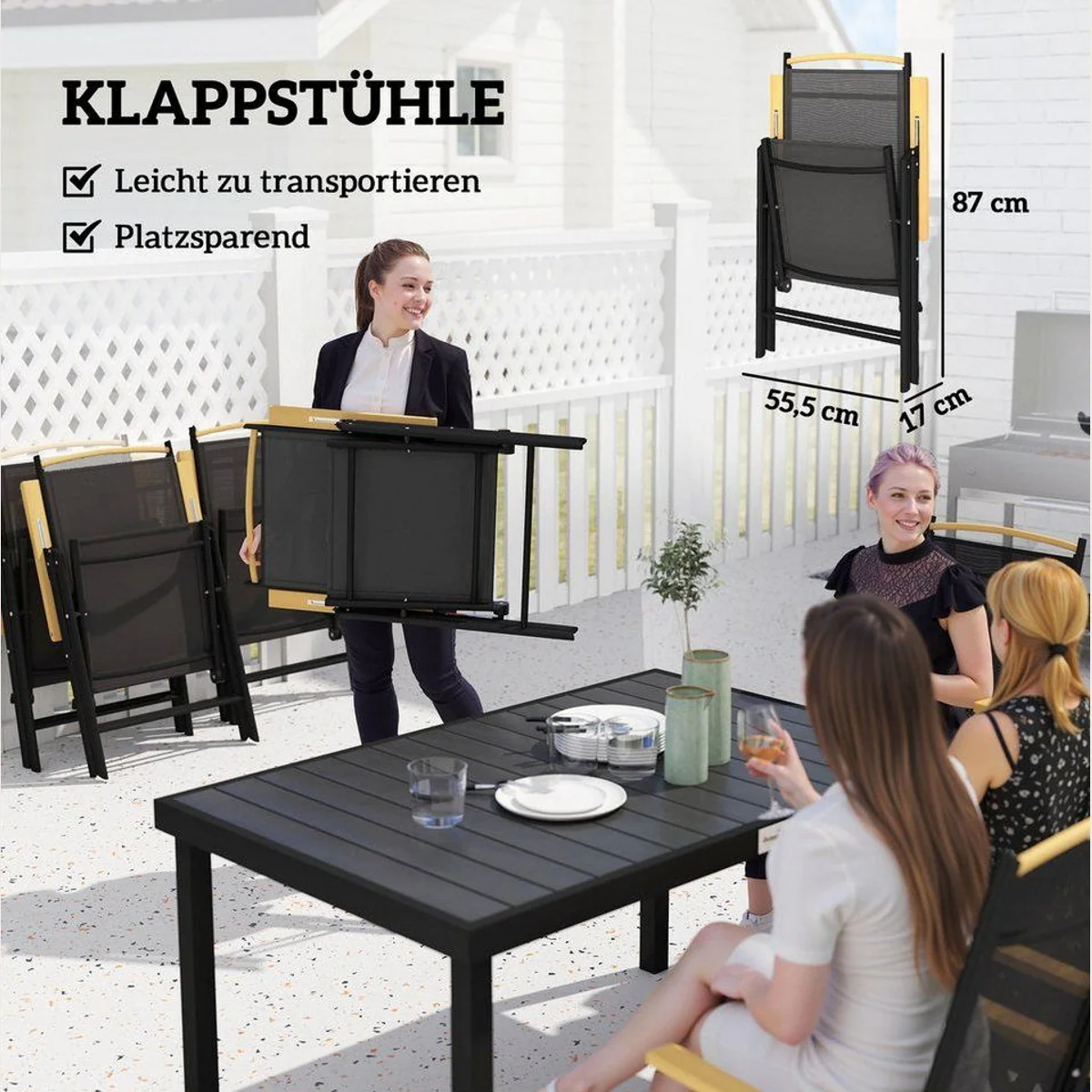 Outsunny Garten-Essgruppe 7tlg., klappbare Stühle und Tisch, Schwarz 5