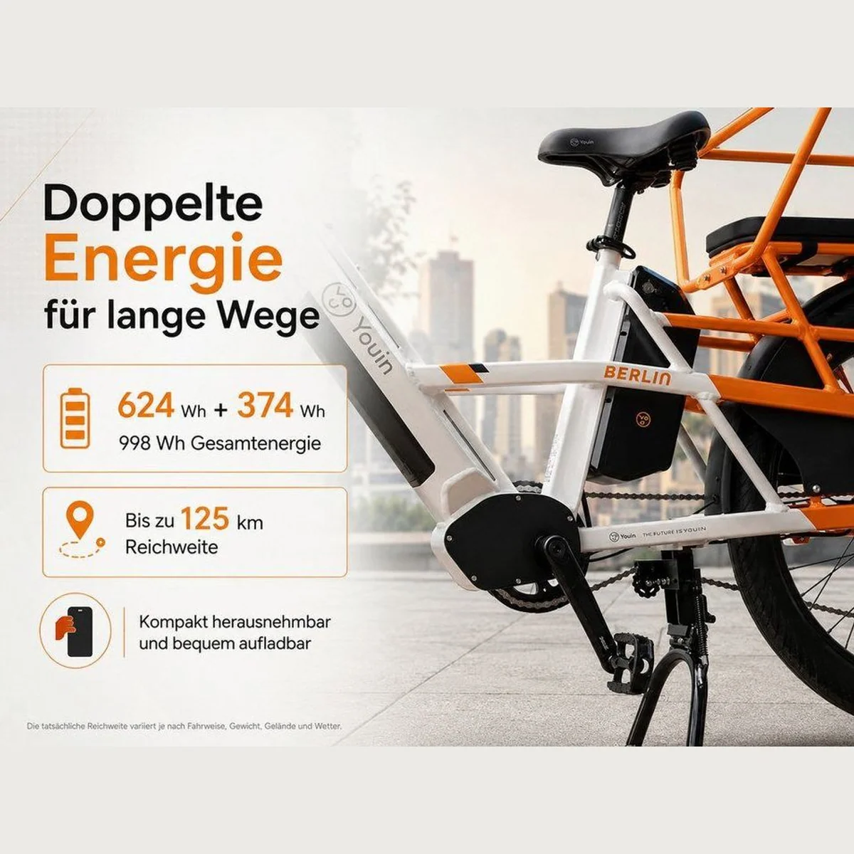 PixelPilot E-Bike Lasten-E-Bike, 250 W Mittelmotor, Dual-Akku 998 Wh, bis 125 km 3