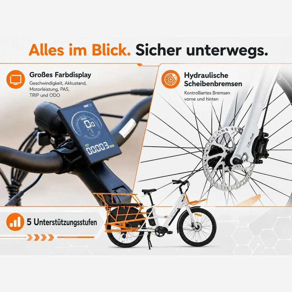 PixelPilot E-Bike Lasten-E-Bike, 250 W Mittelmotor, Dual-Akku 998 Wh, bis 125 km 5