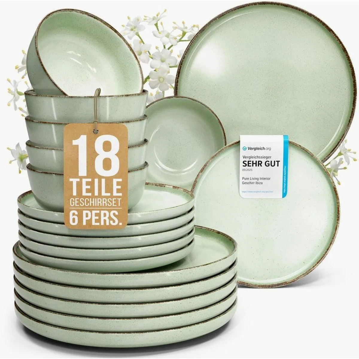 PURE LIVING INTERIOR DESIGN Geschirr-Set Rustic, 18-tlg., für 6 Personen, Mintgrün