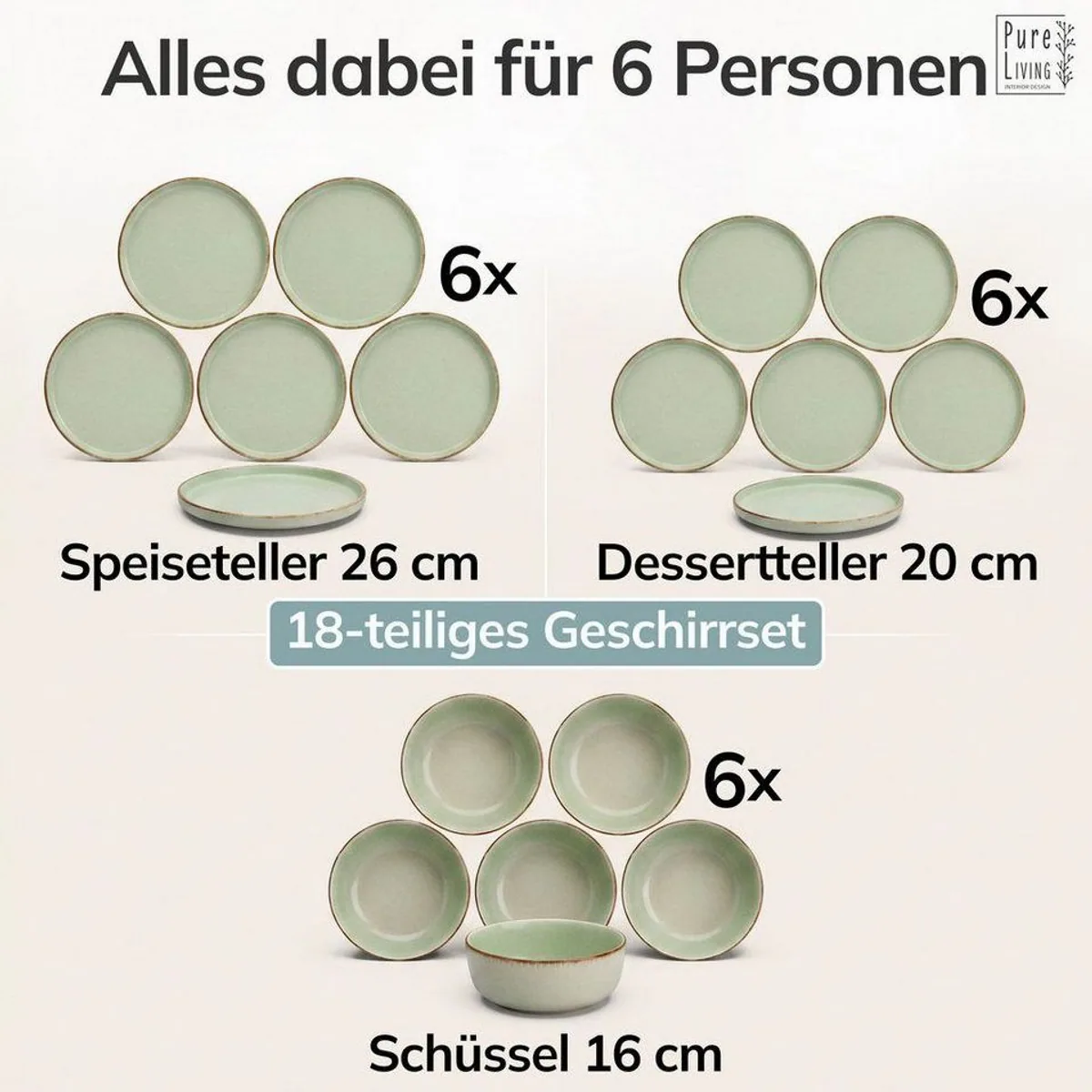 PURE LIVING INTERIOR DESIGN Geschirr-Set Rustic, 18-tlg., für 6 Personen, Mintgrün 5