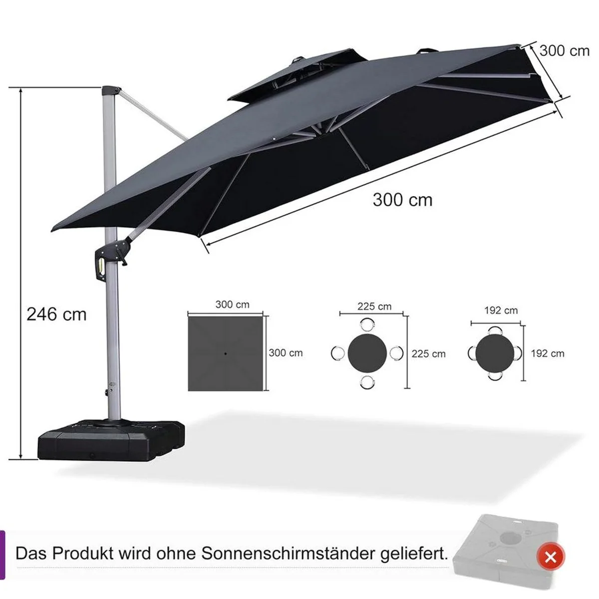 PURPLE LEAF Ampelschirm, 360° Rotation, UV50+ Schutz, 300x300 cm 2