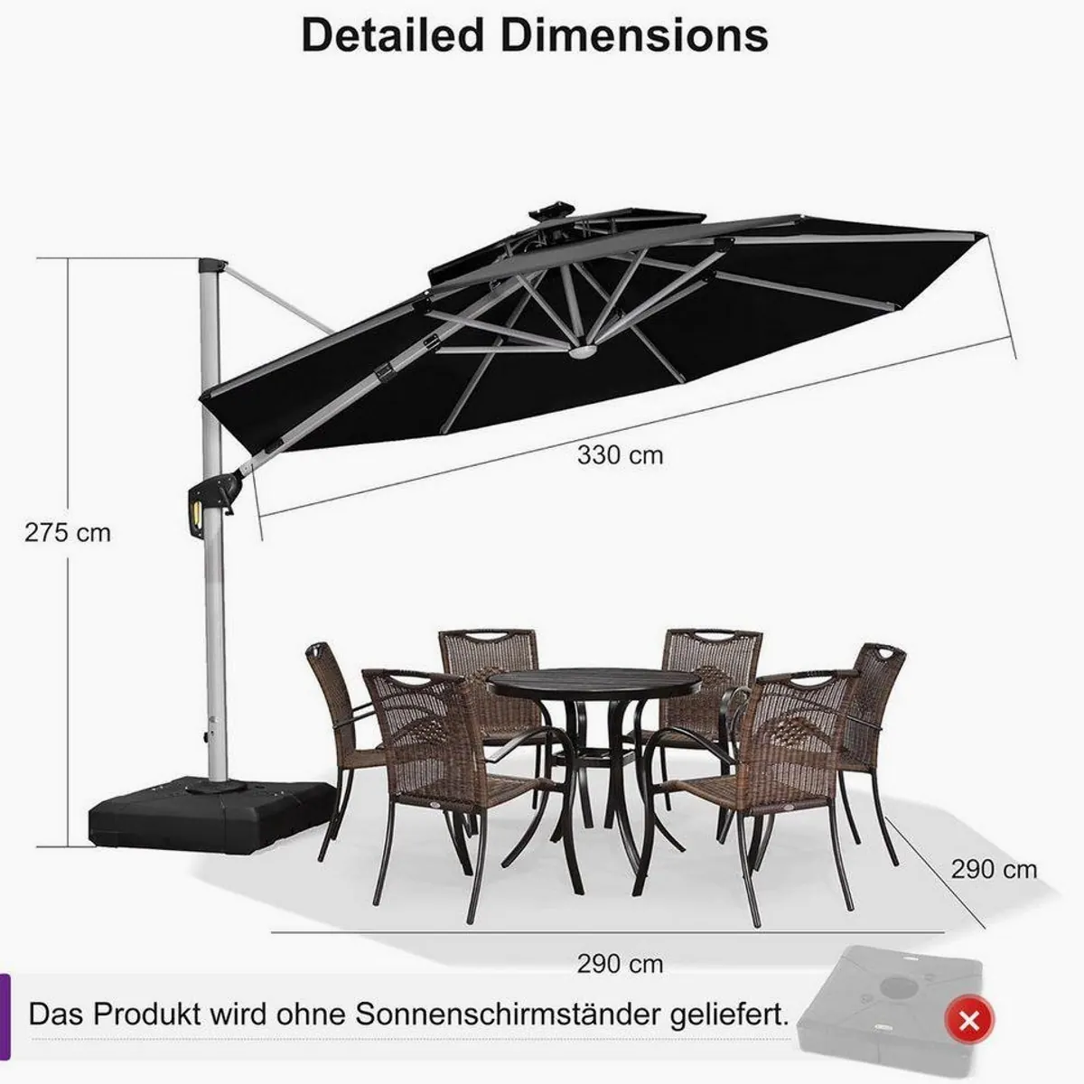 PURPLE LEAF Ampelschirm 330 cm, wetterbeständig, mit Solar LED 2