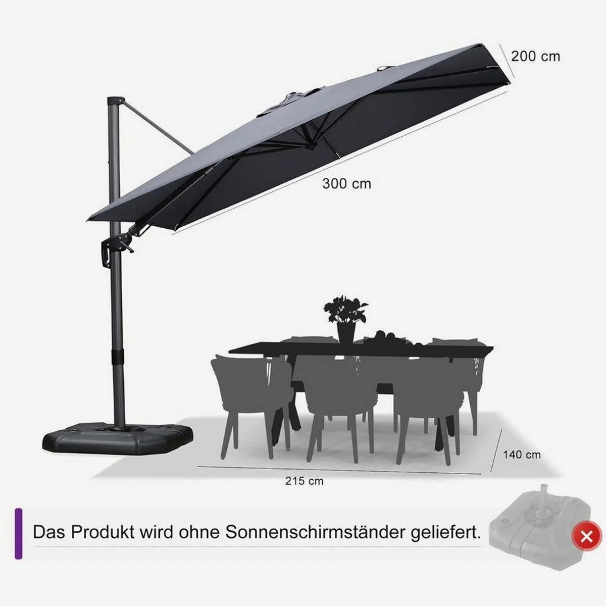 PURPLE LEAF Ampelschirm, 300x200 cm, UV50+, 360° Drehung 2