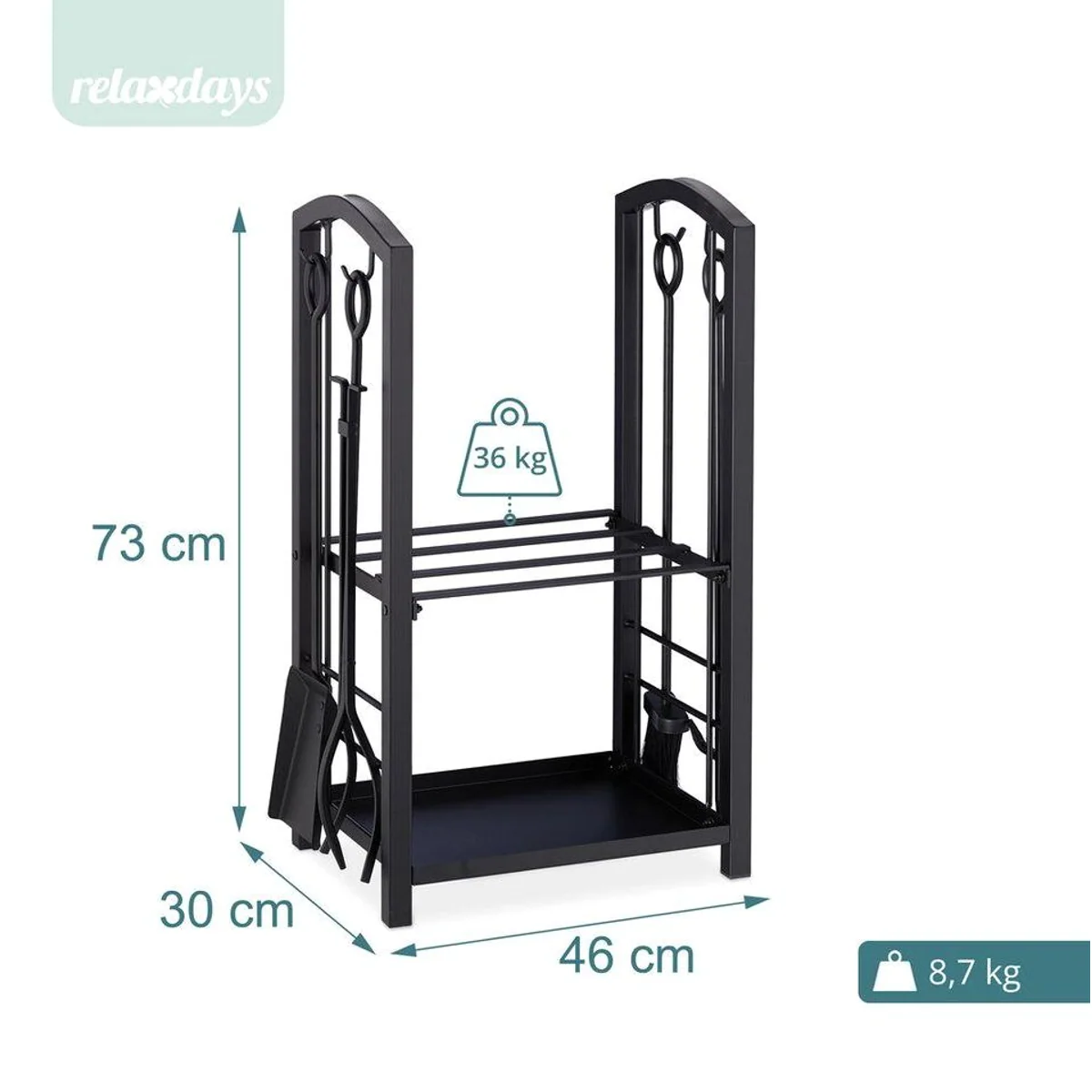 relaxdays Kaminholzregal mit Besteck, 2 Ablagen, Stahl schwarz 4