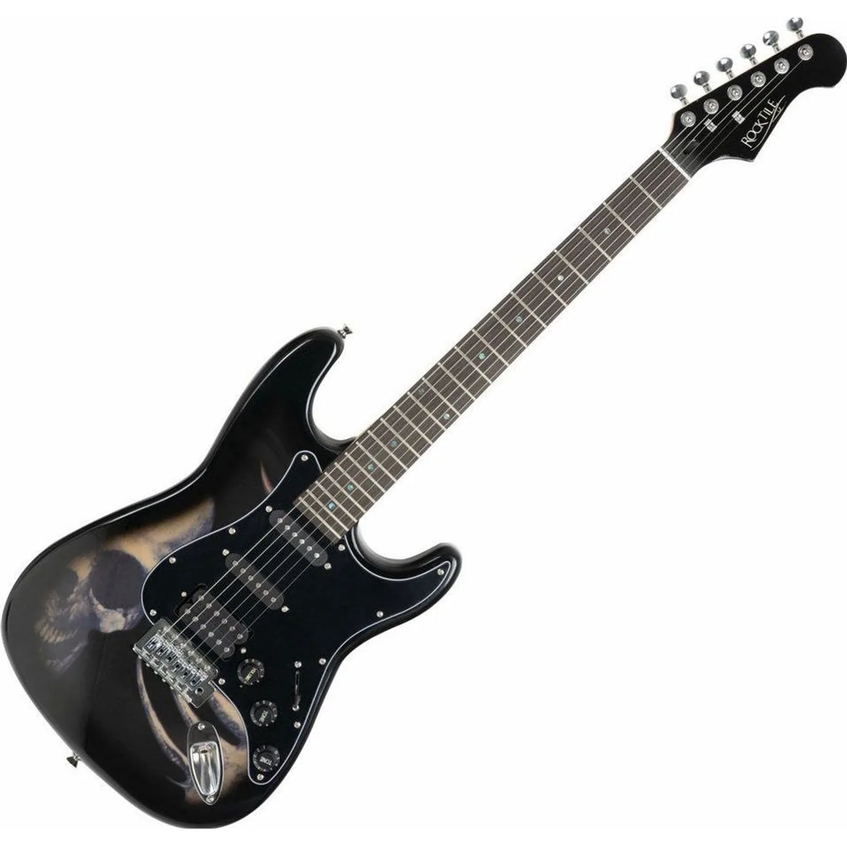 Rocktile Pro ST60-SK E-Gitarre, auffälliges Skull-Design, vielseitige HSS-Bestückung