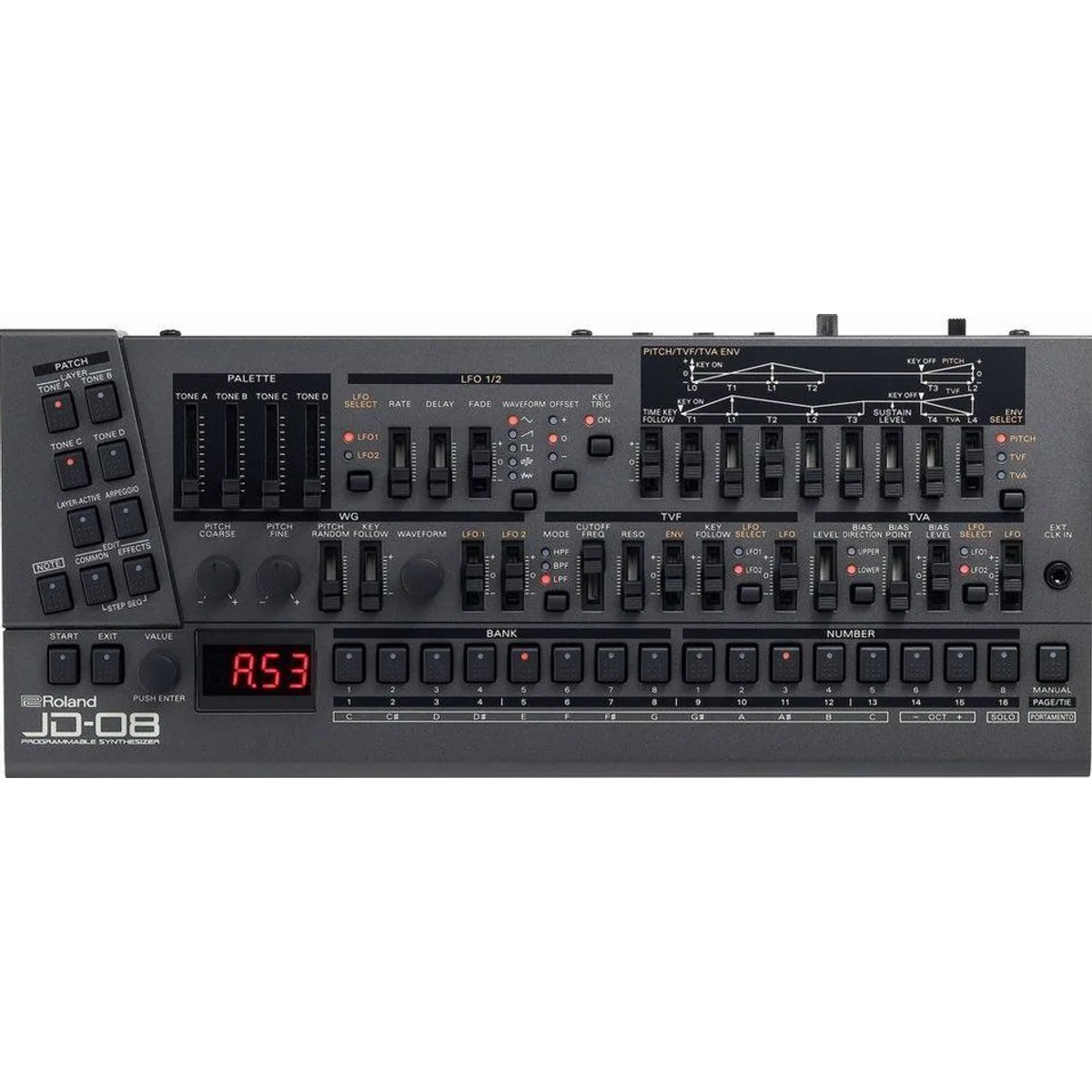 Roland JD-08 Synthesizer, authentischer Sound, erweiterte Polyphonie, kompakte Bauweise