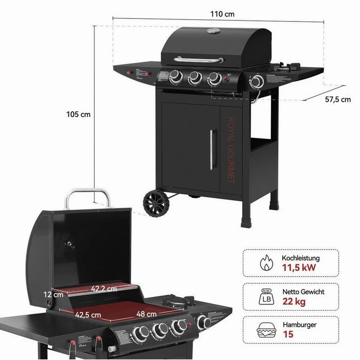 Royal Gourmet Gasgrill 3+1, 11,5 kW Leistung, Rollwagen mit Thermometer 4