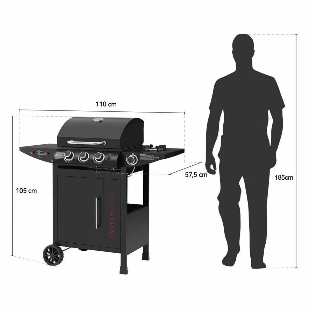 Royal Gourmet Gasgrill 3+1, 11,5 kW Leistung, Rollwagen mit Thermometer 5