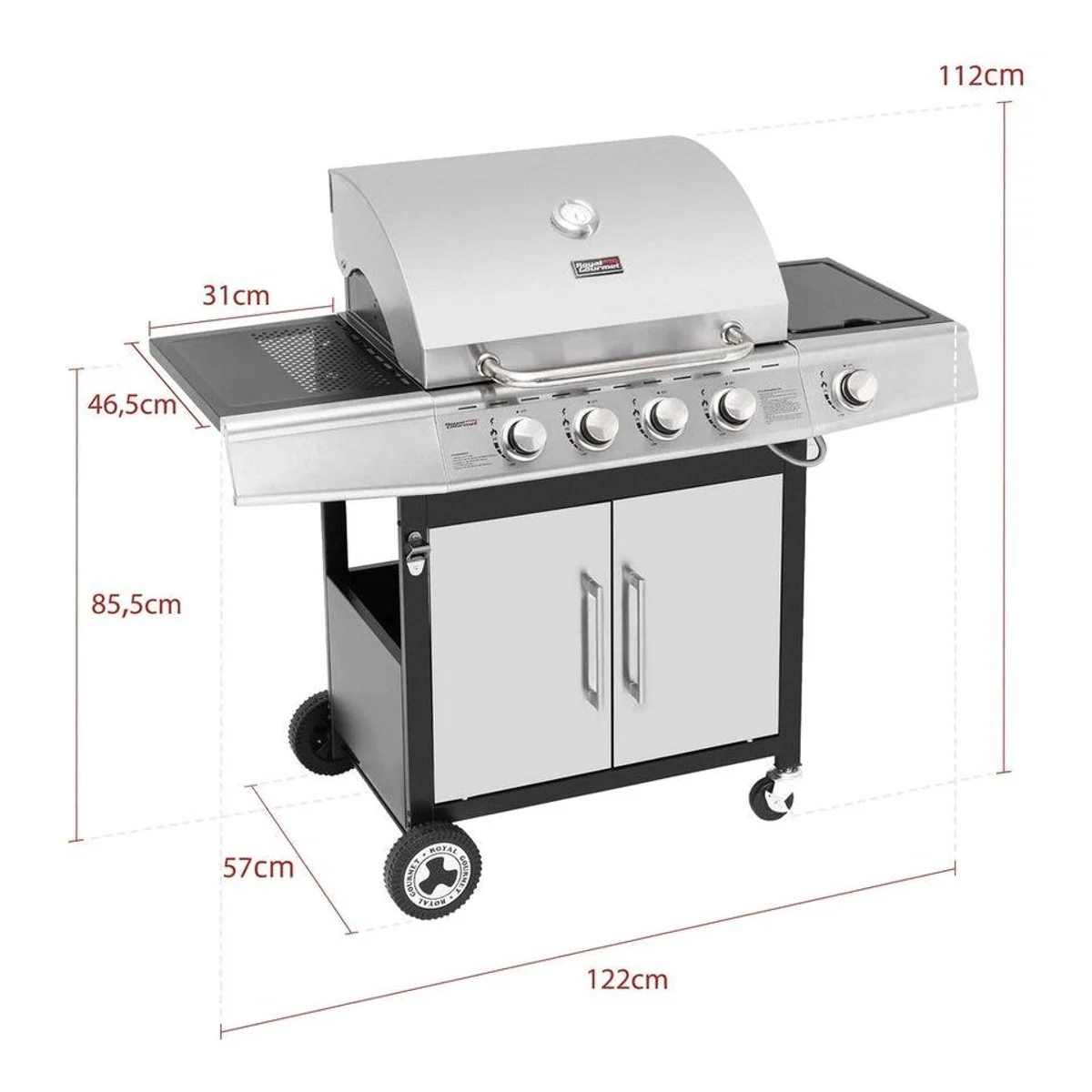 Royal Gourmet Gasgrill 4+1 Brenner, 14,5 kW, Piezozündung & Seitenbrenner 2