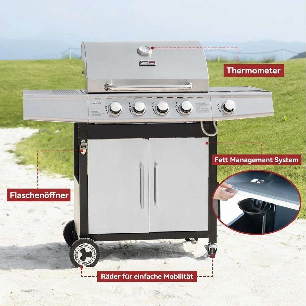 Royal Gourmet Gasgrill 4+1 Brenner, 14,5 kW, Piezozündung & Seitenbrenner 3