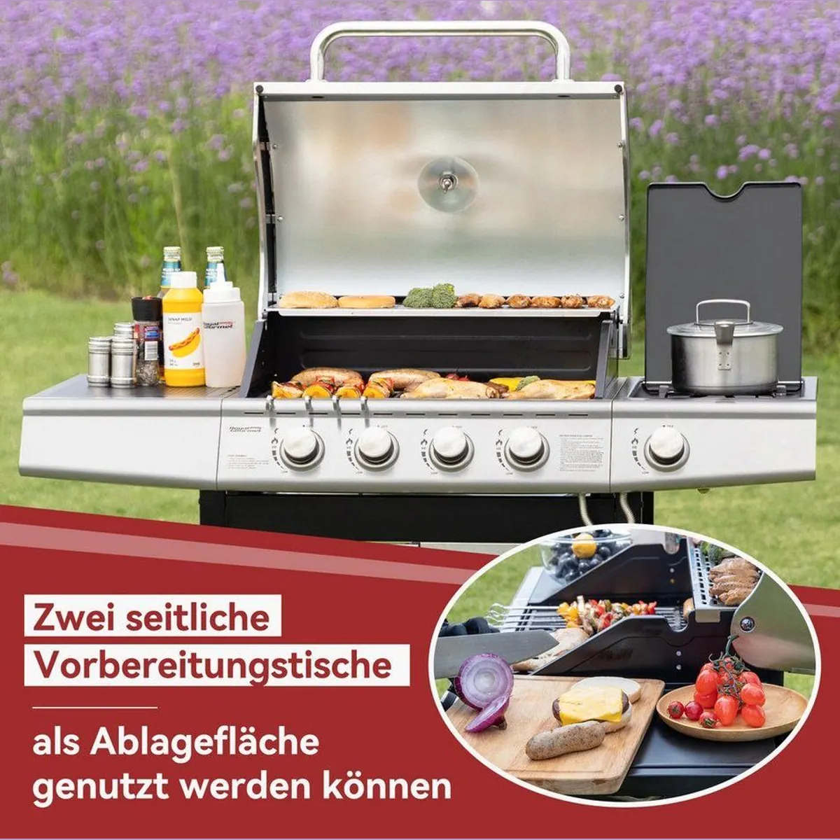 Royal Gourmet Gasgrill 4+1 Brenner, 14,5 kW, Piezozündung & Seitenbrenner 4