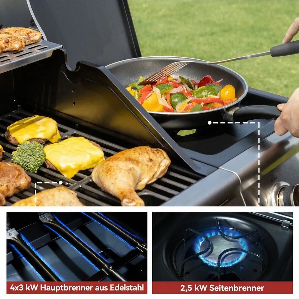 Royal Gourmet Gasgrill 4+1 Brenner, 14,5 kW, Piezozündung & Seitenbrenner 5