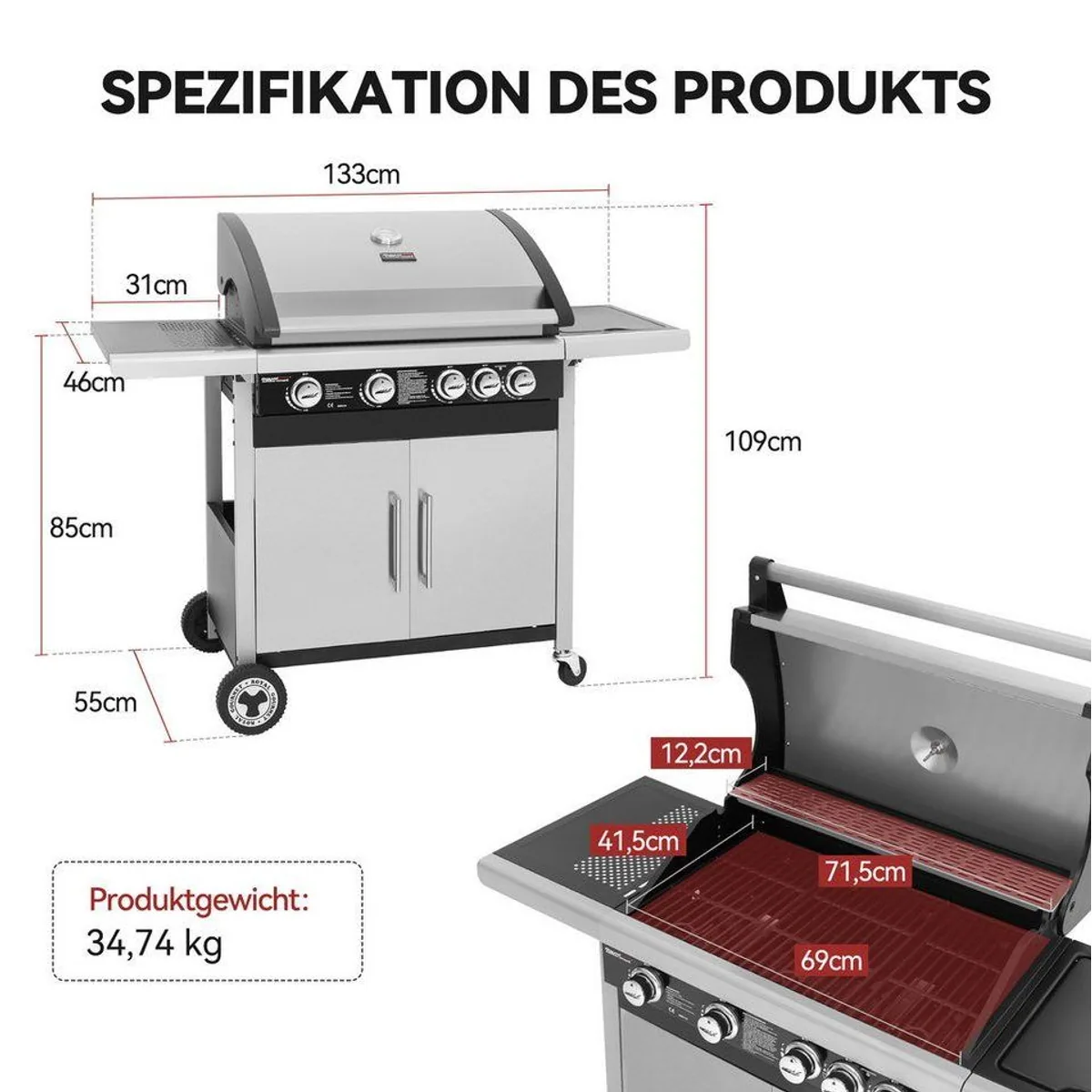 Royal Gourmet GE4001SE Gasgrill, 4 Brenner + Seitenbrenner, 14,5 kW Leistung 2