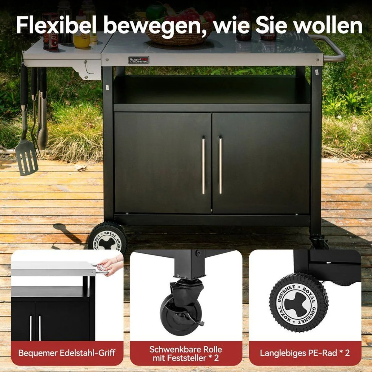 Royal Gourmet Grillablagetisch, Edelstahlplatte, klappbarer Seitentisch, großer Stauraum 4