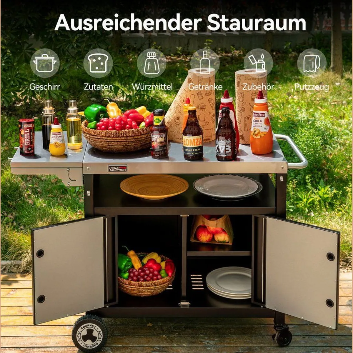 Royal Gourmet Grillablagetisch, Edelstahlplatte, klappbarer Seitentisch, großer Stauraum 5