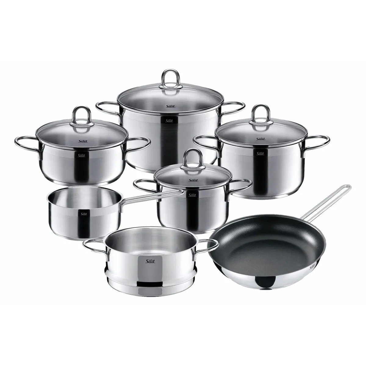 Silit Diamant Topf-Set, 11-teilig, Edelstahl 18/10 — induktionsgeeignet, spülmaschinenfest, Glasdeckel