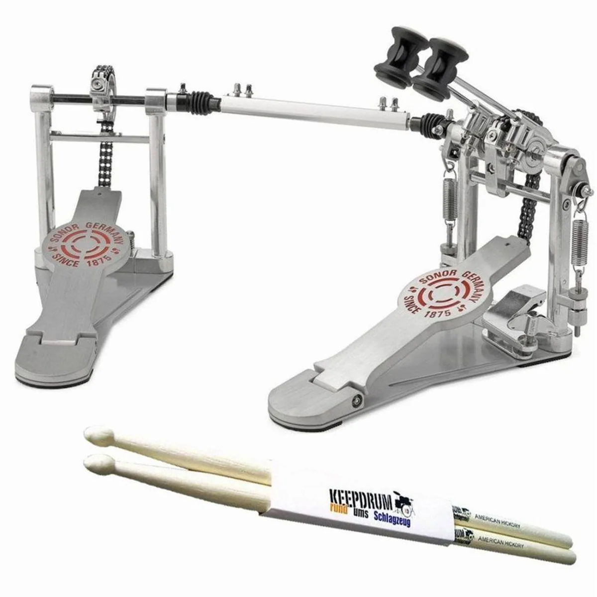 SONOR DP 4000 Doppelpedal, kraftvoll und präzise — inklusive Drumsticks