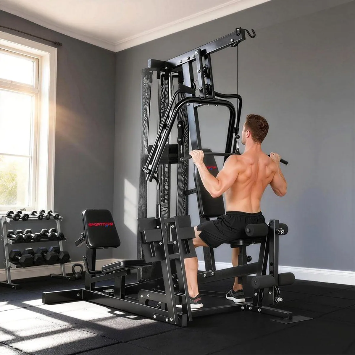 SPORTNOW Kraftstation, All-in-One mit 65 kg Gewichten — Beinpresse, Latzug, verstellbarer Sitz