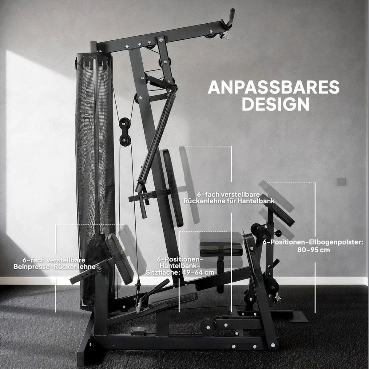 SPORTNOW Kraftstation, All-in-One mit 65 kg Gewichten — Beinpresse, Latzug, verstellbarer Sitz 5