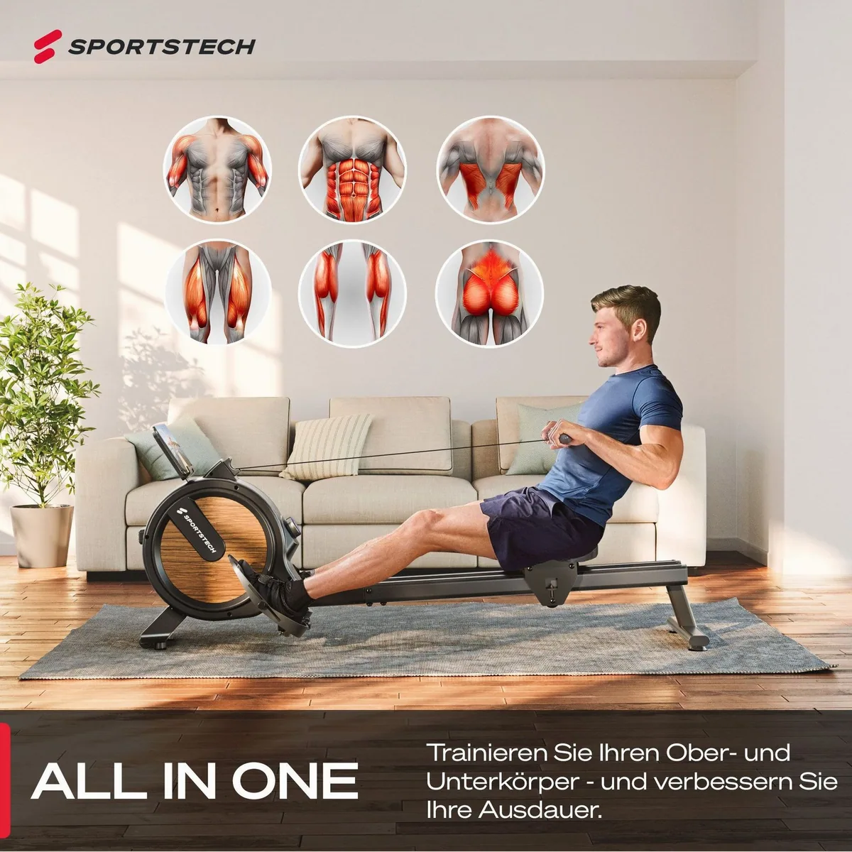 Sportstech Rudergerät SP_PROwer, 32 Widerstandsstufen, LED Display, Tablethalterung 4