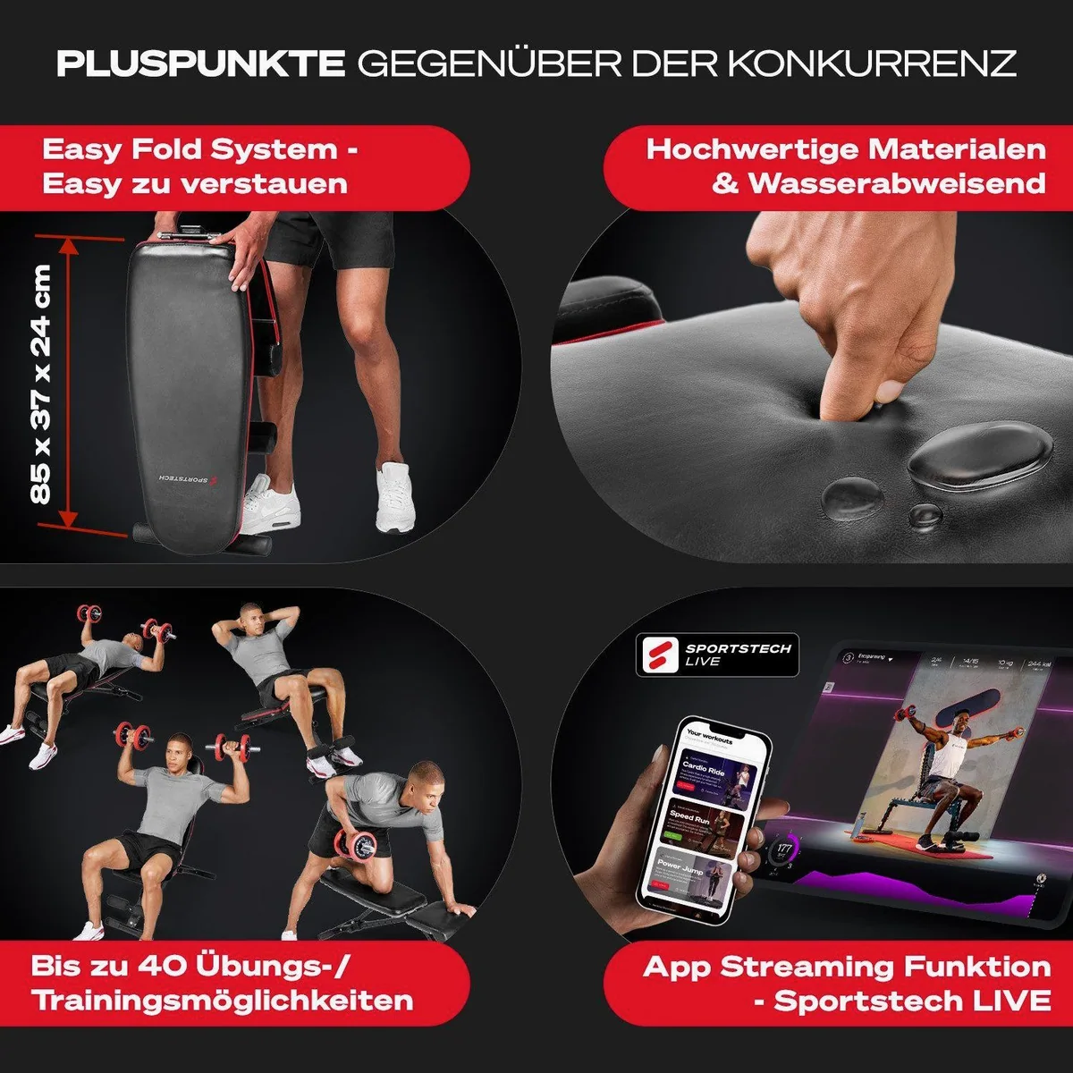 Sportstech Hantelbank BRT400, klappbar, 40+ Trainingskombis, komplett montiert 5