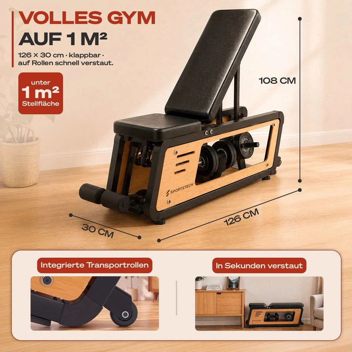 Sportstech Hantelbank Woodmate Lite, massivem Eichenholz, 220 kg belastbar, 6-fach verstellbar 2