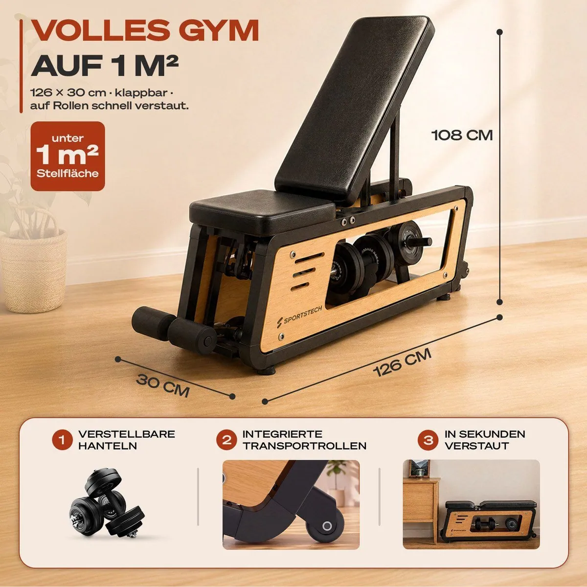 Sportstech Hantelbank Woodmate Lite, massivem Eichenholz, 220 kg belastbar, 6-fach verstellbar 3