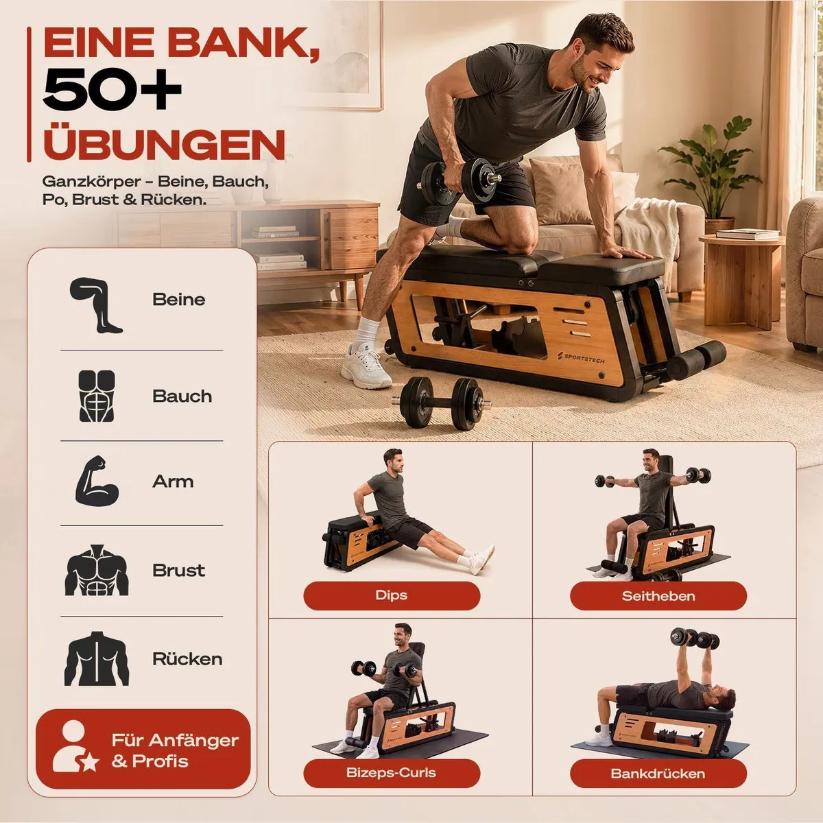 Sportstech Hantelbank Woodmate Lite, massivem Eichenholz, 220 kg belastbar, 6-fach verstellbar 4
