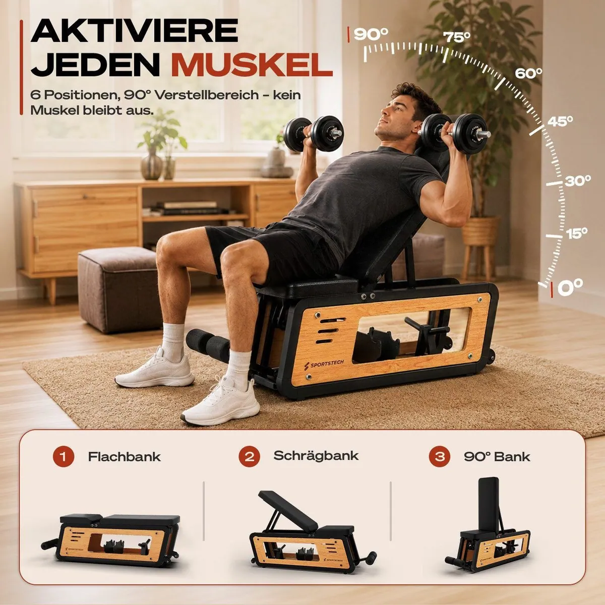 Sportstech Hantelbank Woodmate Lite, massivem Eichenholz, 220 kg belastbar, 6-fach verstellbar 5