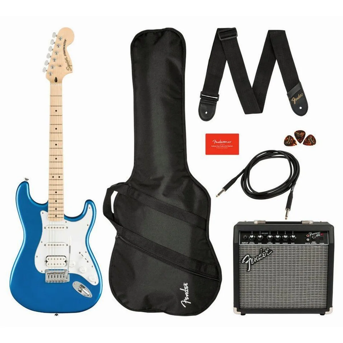 Squier Affinity Stratocaster HSS Pack, vielseitige Klänge, inkl. Verstärker und Zubehör