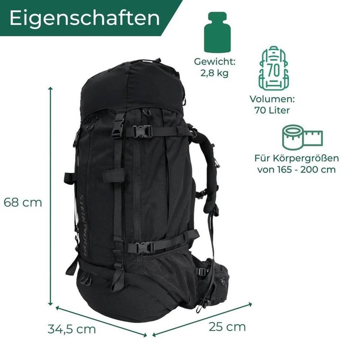 Steinwood Trekkingrucksack 70L, vielseitig, wasserabweisend, bequem 5
