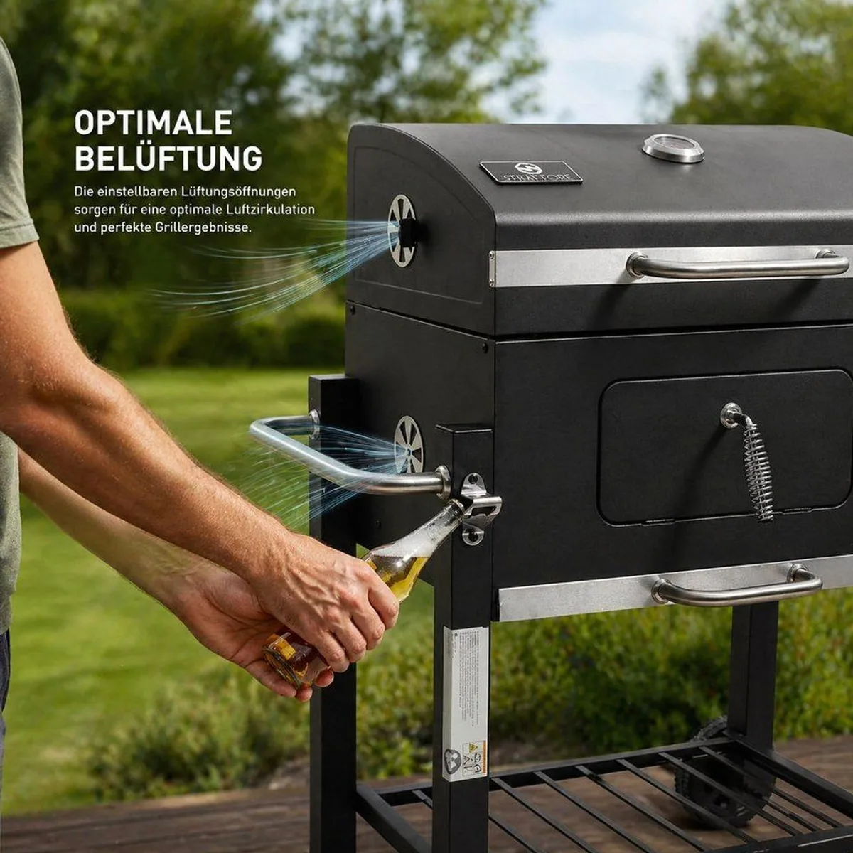 Strattore Holzkohlegrill XL, höhenverstellbar, fahrbar, mit Ablageflächen 3