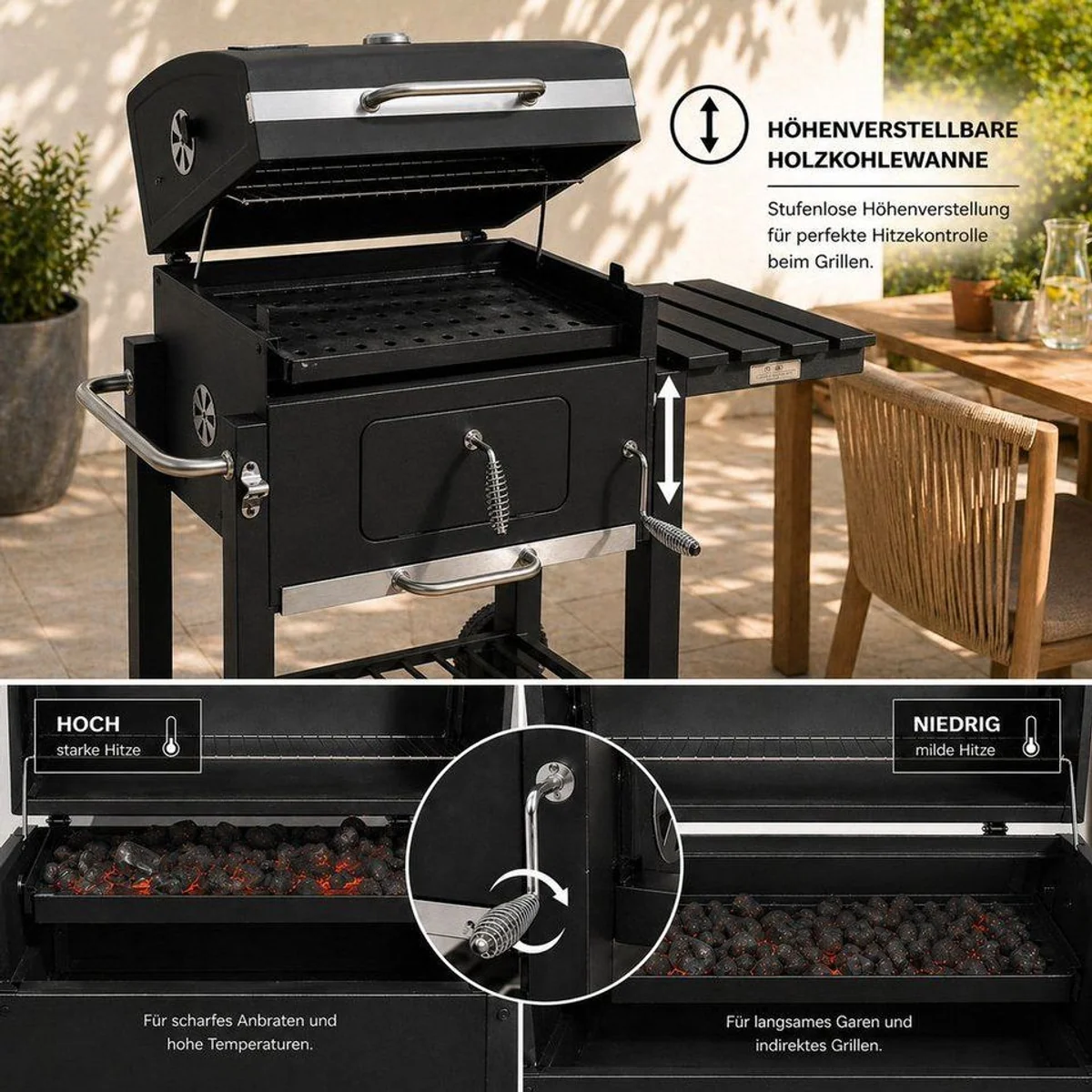 Strattore Holzkohlegrill XL, höhenverstellbar, fahrbar, mit Ablageflächen 4