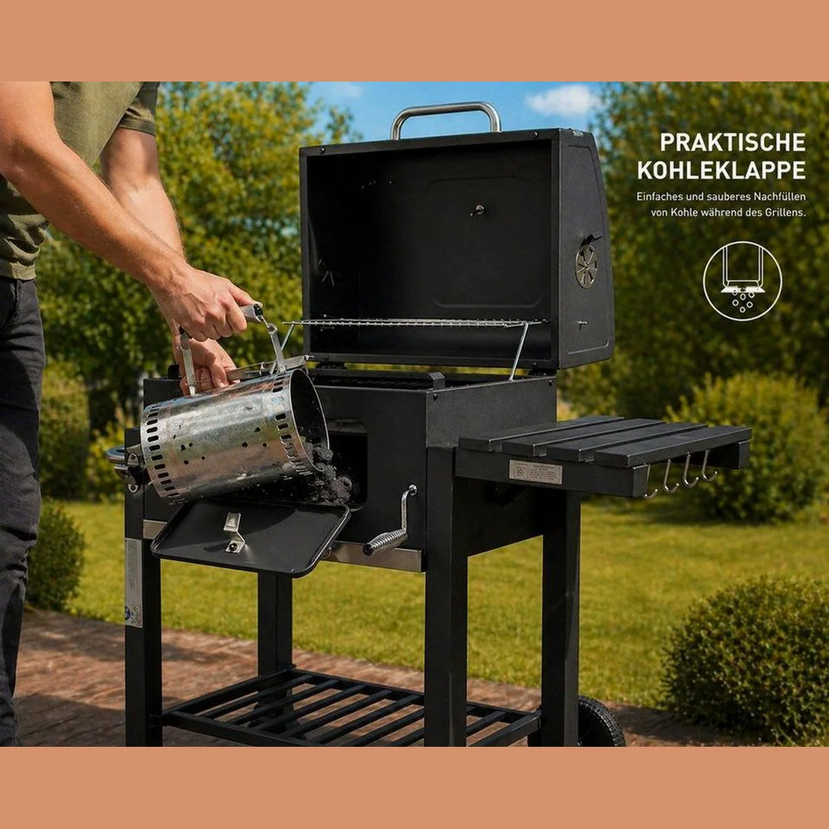 Strattore Holzkohlegrill XL, höhenverstellbar, fahrbar, mit Ablageflächen 5