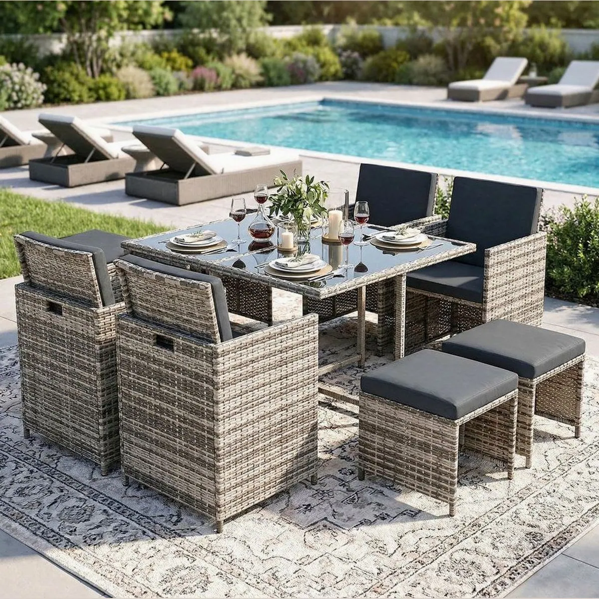 Swing&Harmonie Vegas Garten-Essgruppe, elegantes Polyrattan-Design, inklusive Kissen und Abdeckcover