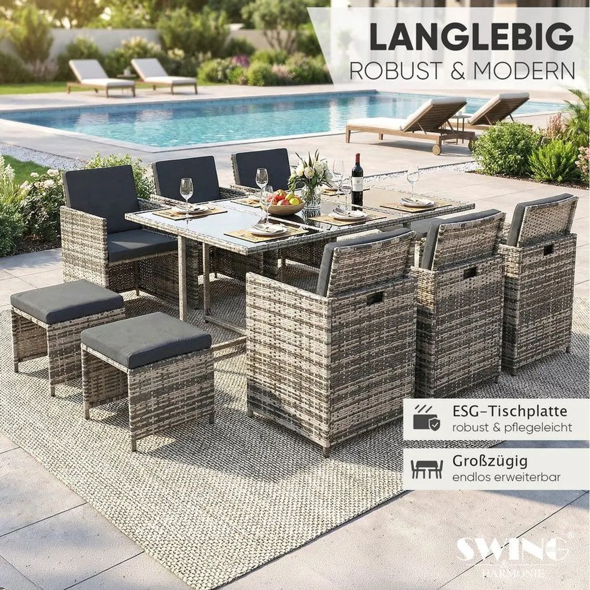 Swing&Harmonie Vegas Garten-Essgruppe, elegantes Polyrattan-Design, inklusive Kissen und Abdeckcover 4