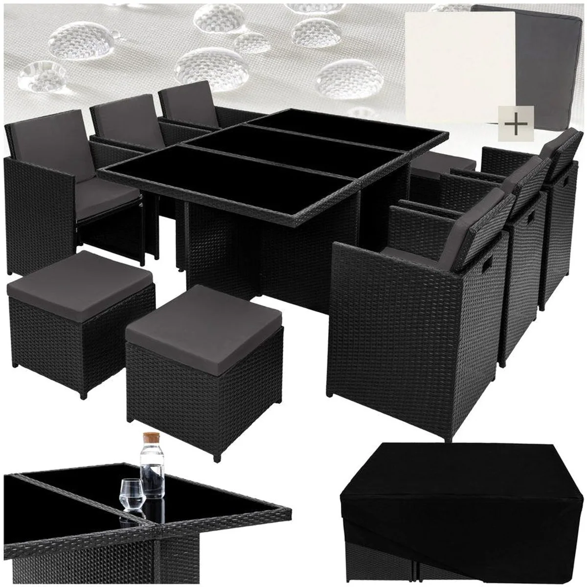 tectake New York Sitzgruppe Aluminium Rattan, für 6-10 Personen, wetterfest, 2 Bezugssets