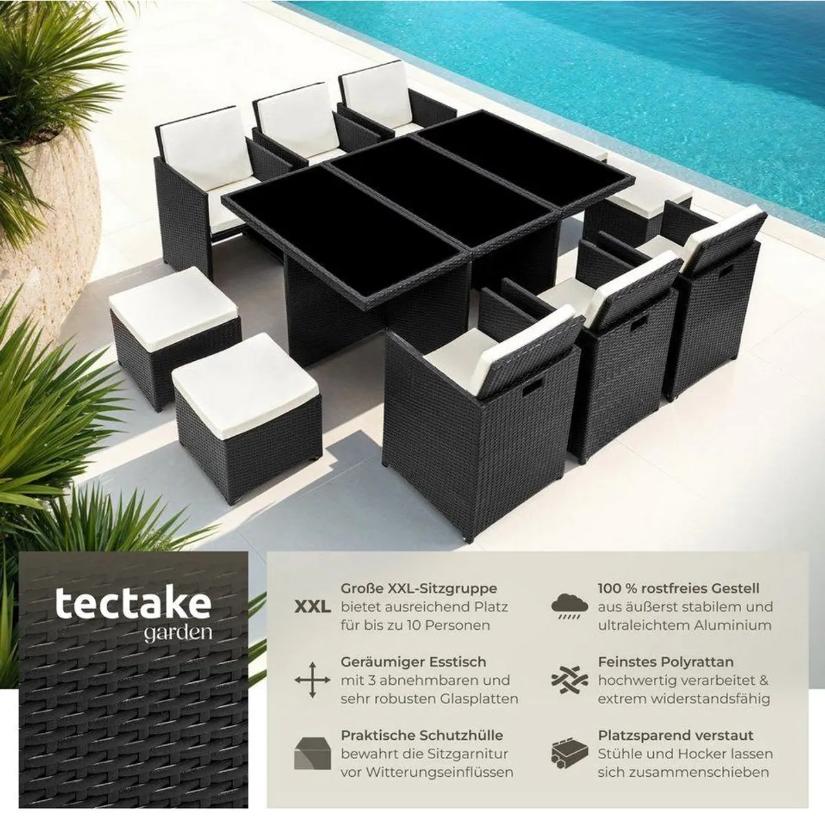 tectake New York Sitzgruppe Aluminium Rattan, für 6-10 Personen, wetterfest, 2 Bezugssets 2