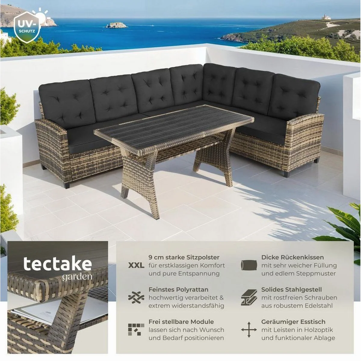 tectake Catania Loungeset, gemütliche Rattanmöbel mit Polstern, wetterfest & pflegeleicht 2