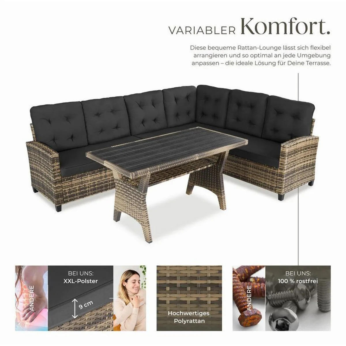 tectake Catania Loungeset, gemütliche Rattanmöbel mit Polstern, wetterfest & pflegeleicht 3